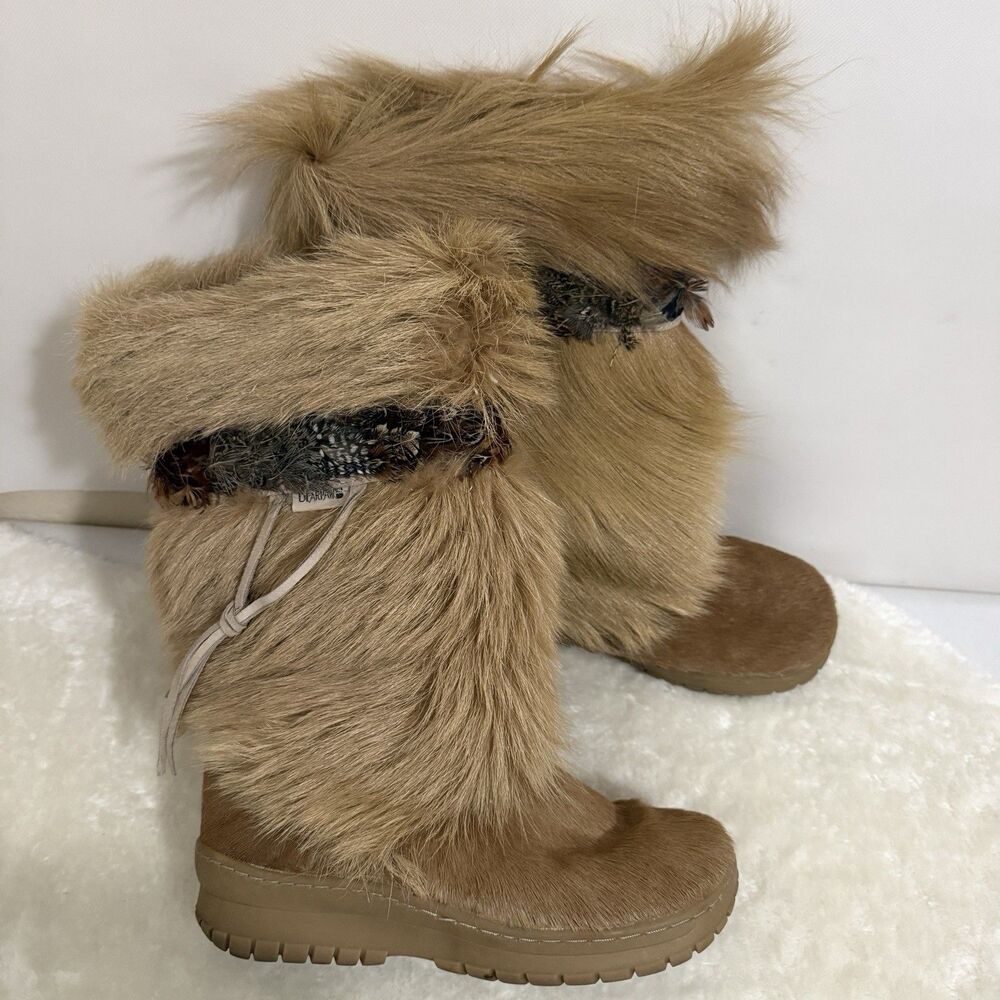 Bearpaw Kola II Winter Snow Boots Goat Calfskin Shag Boho Feathers Apres Ski 9